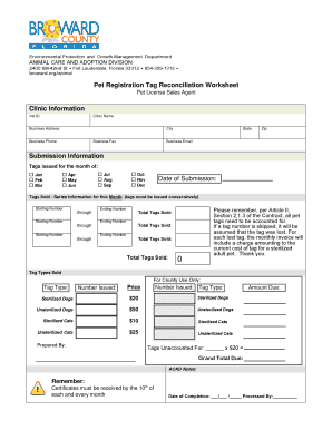 Broward County Pet License Sales Agent Pet Registration Tag Reconciliation Worksheet Broward County Pet License Sales Agent Pet   Form