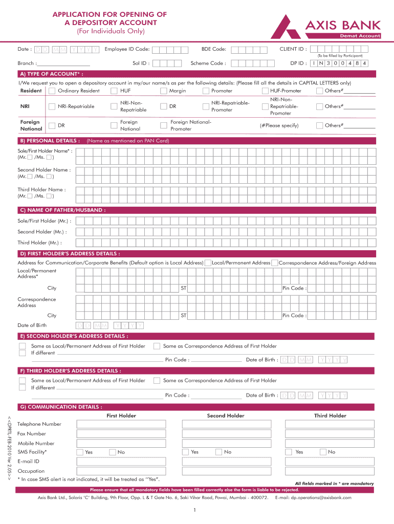Axis Bank Account Form