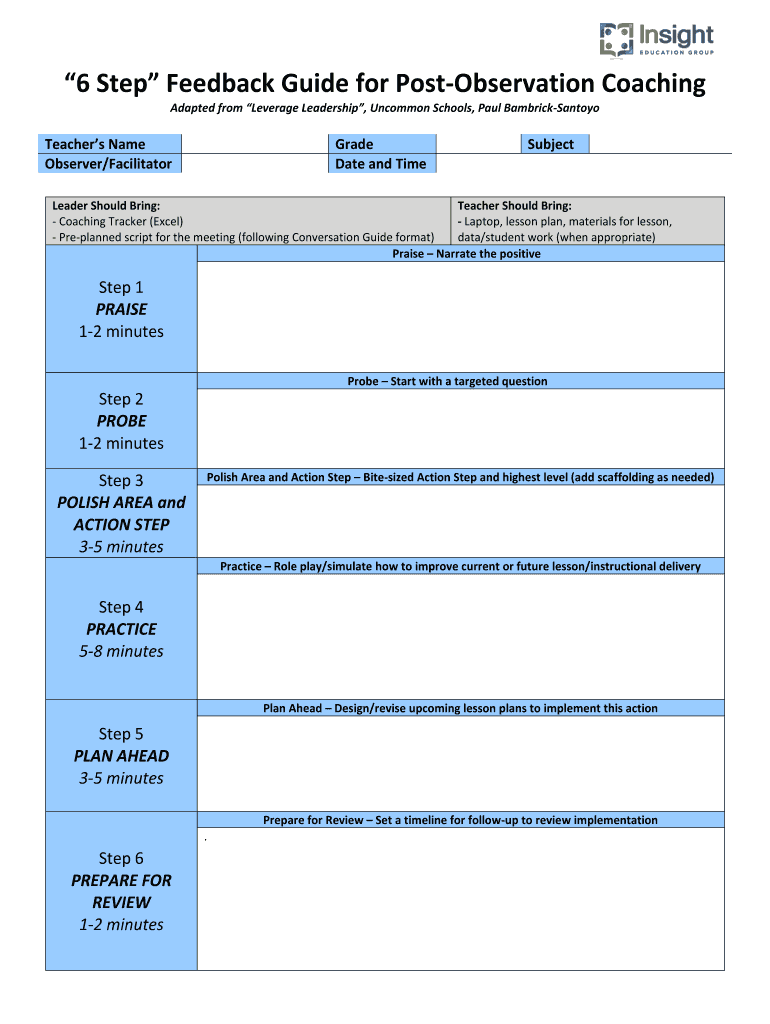 6 Step Feedback Guide for Post Observation Coaching  Form