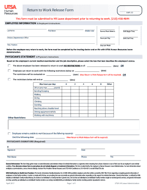  Return to Work Release Form  UTSA 2017