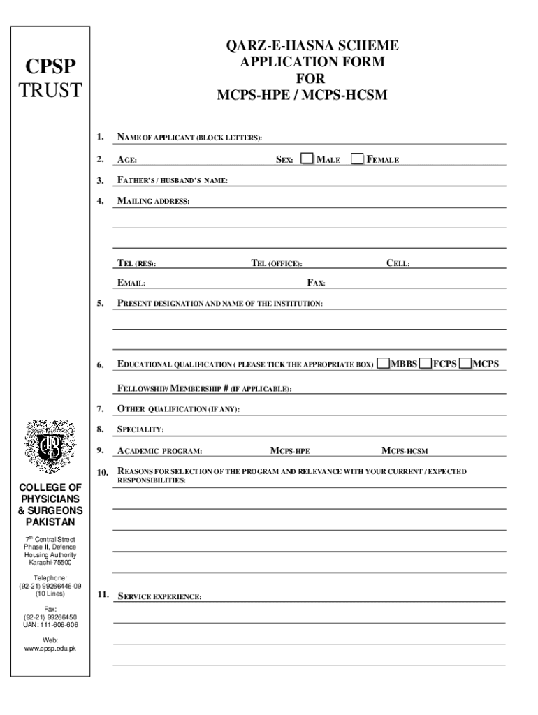 PK CPSP Application Form for MCPS HPEMCPS HCSM