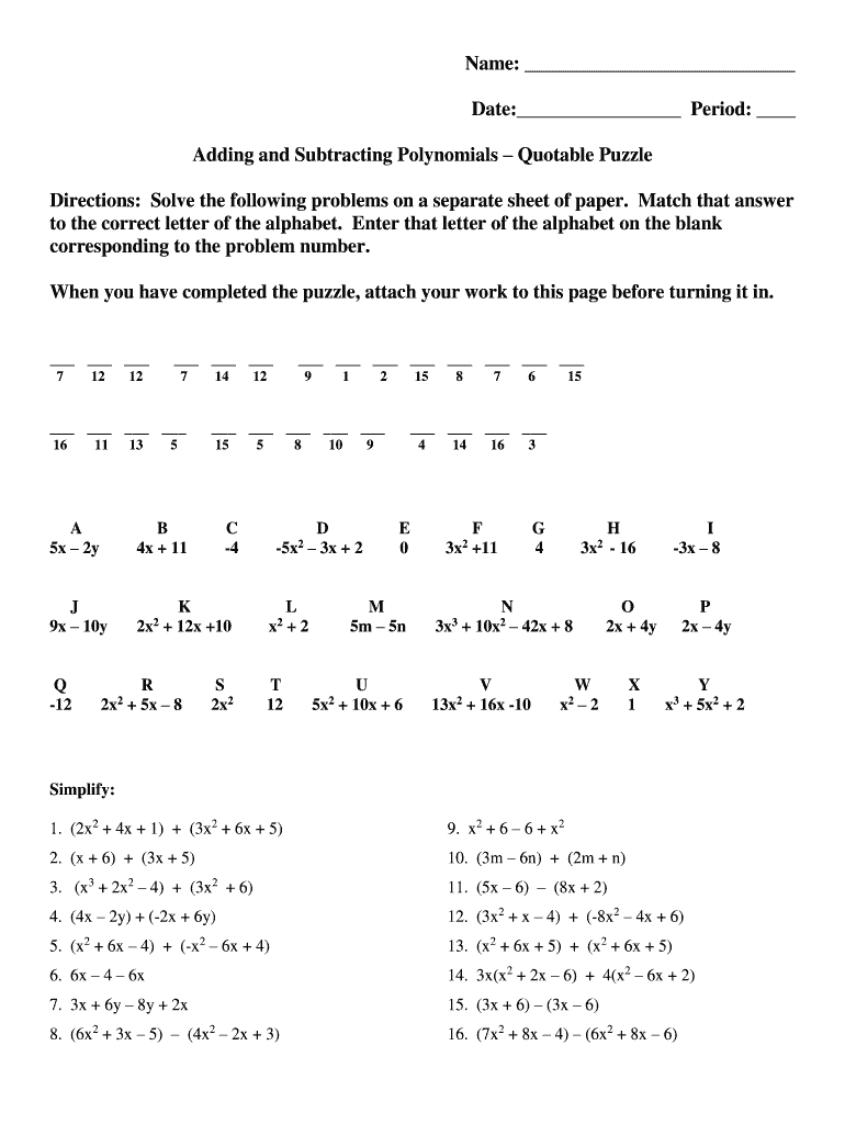 Puzzling Problem Subtracting Polynomials Answer Key  Form