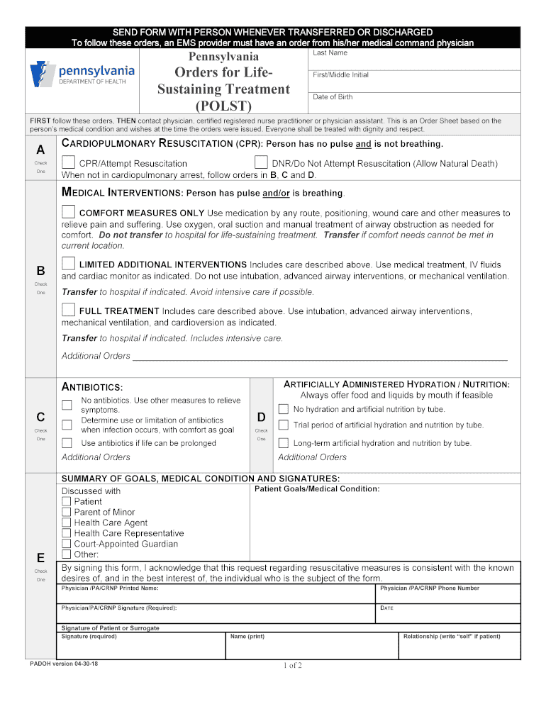  PA Provider Orders for Life Sustaining Treatment POLST 2018-2024