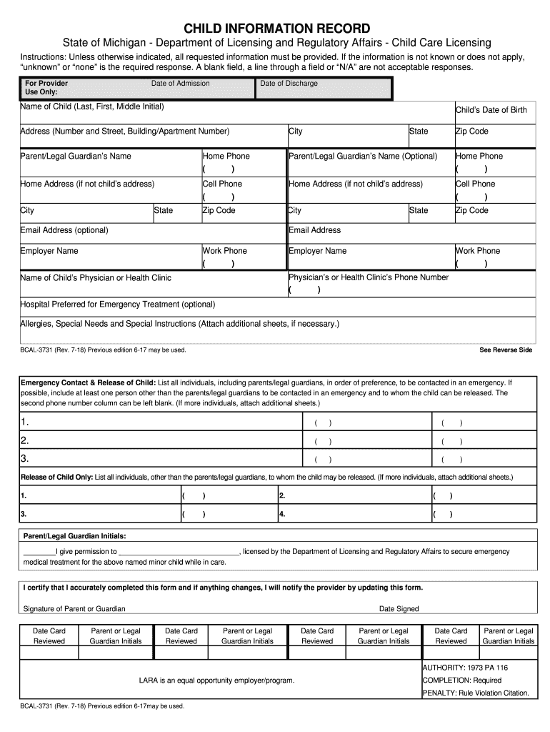  Child Information RecordWard Preschool 2018-2024