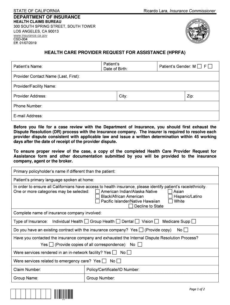 Healthcare Provider Request for Assistance HPRFA  Form