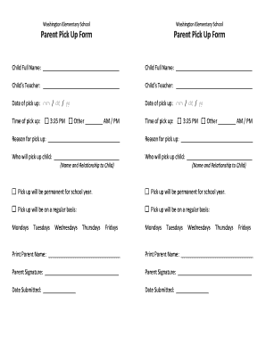 Parent Pick Up Note Sample  Form