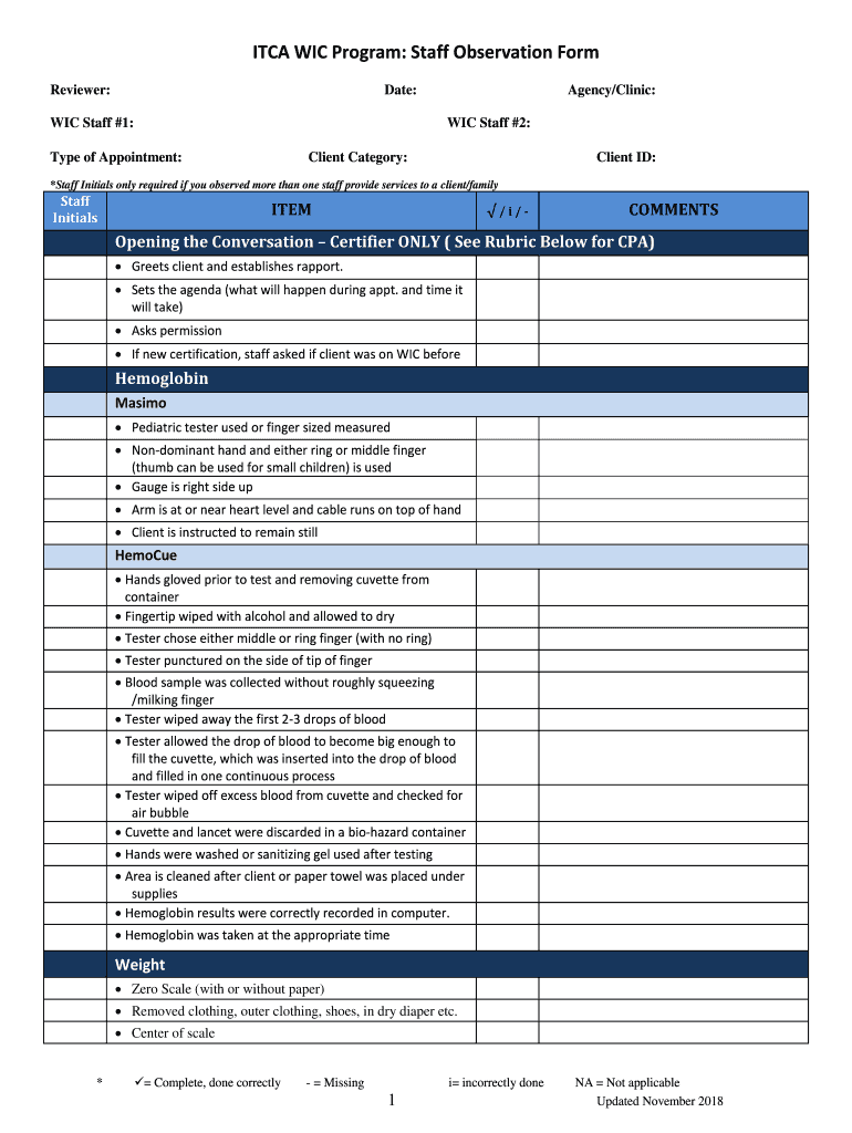 ITCA WIC Program Staff Observation Form