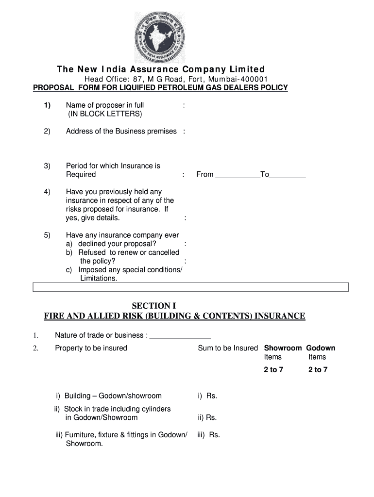 Lpg Dealers Policy New India Assurance  Form