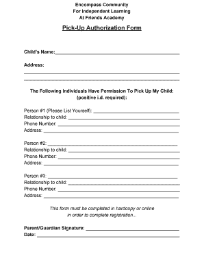 Child Pick Up Authorization Form