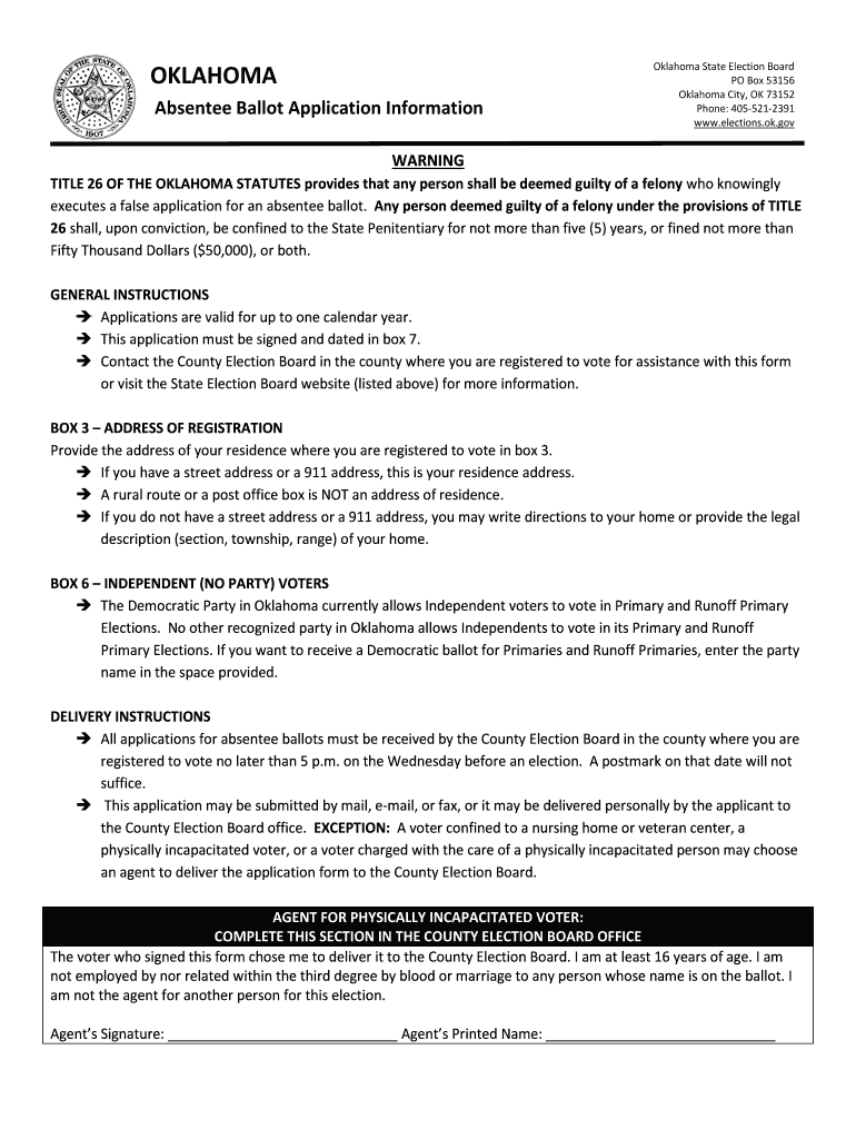 Oklahoma Absentee Ballot Application OK Gov 2016-2025