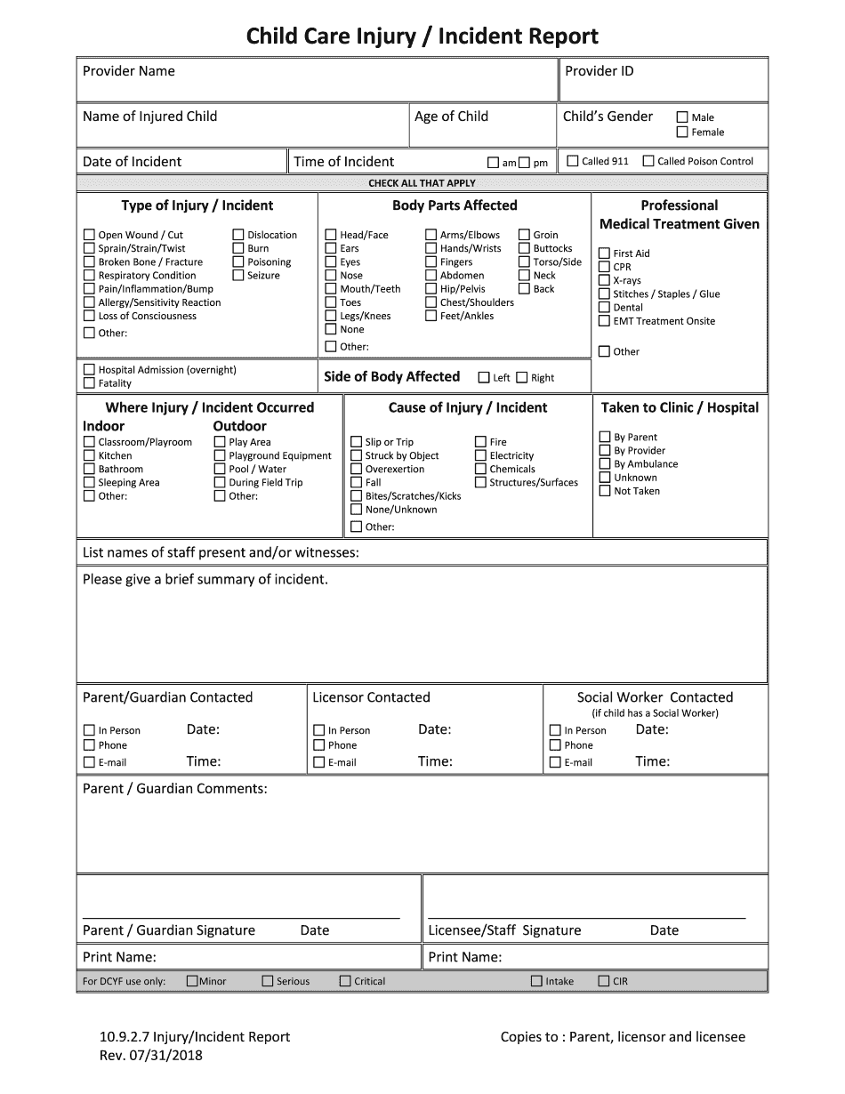 Child Care Injury Report Form