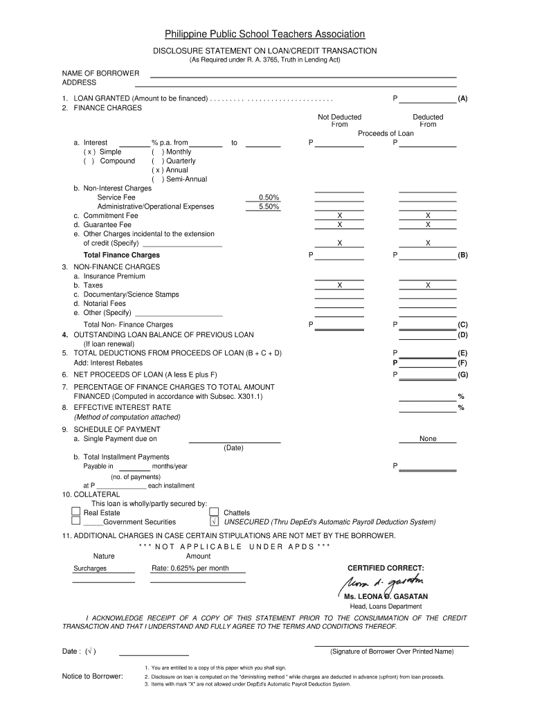 Sample Disclosure Statement on Loan Credit Transaction  Form