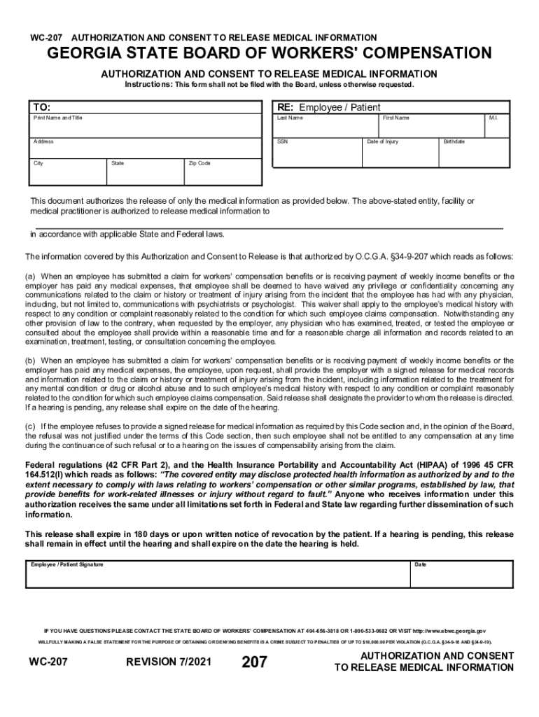  WC207AUTHORIZATION and CONSENT to RELEASE MEDICAL 2021-2024