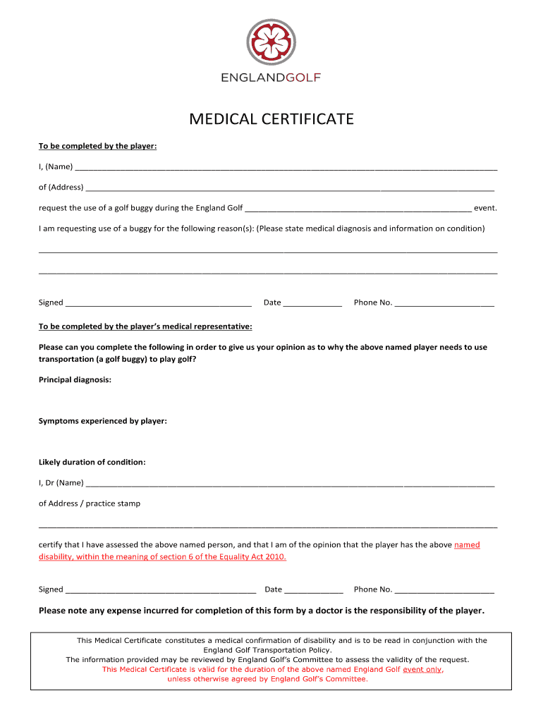 Medical Certificate England Golf  Form