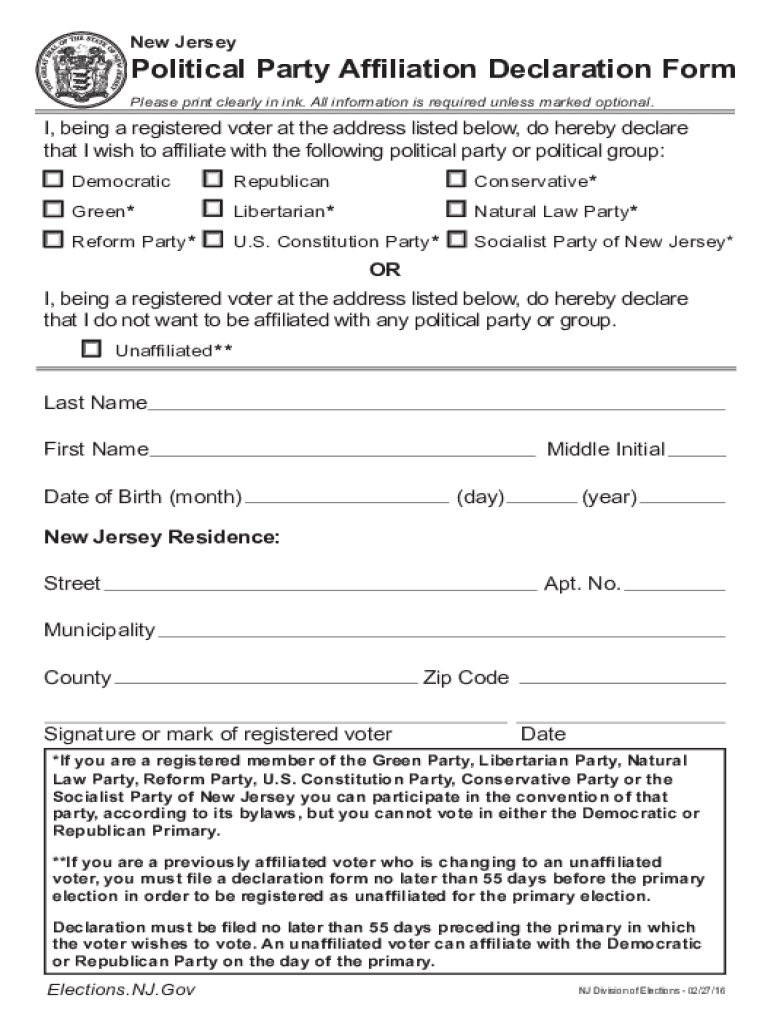 Political Party Affiliation Declaration Form