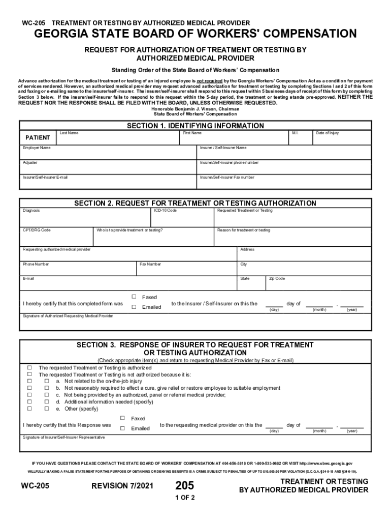 TREATMENT or TESTING by AUTHORIZED MEDICAL PROVIDER WC 205  Form