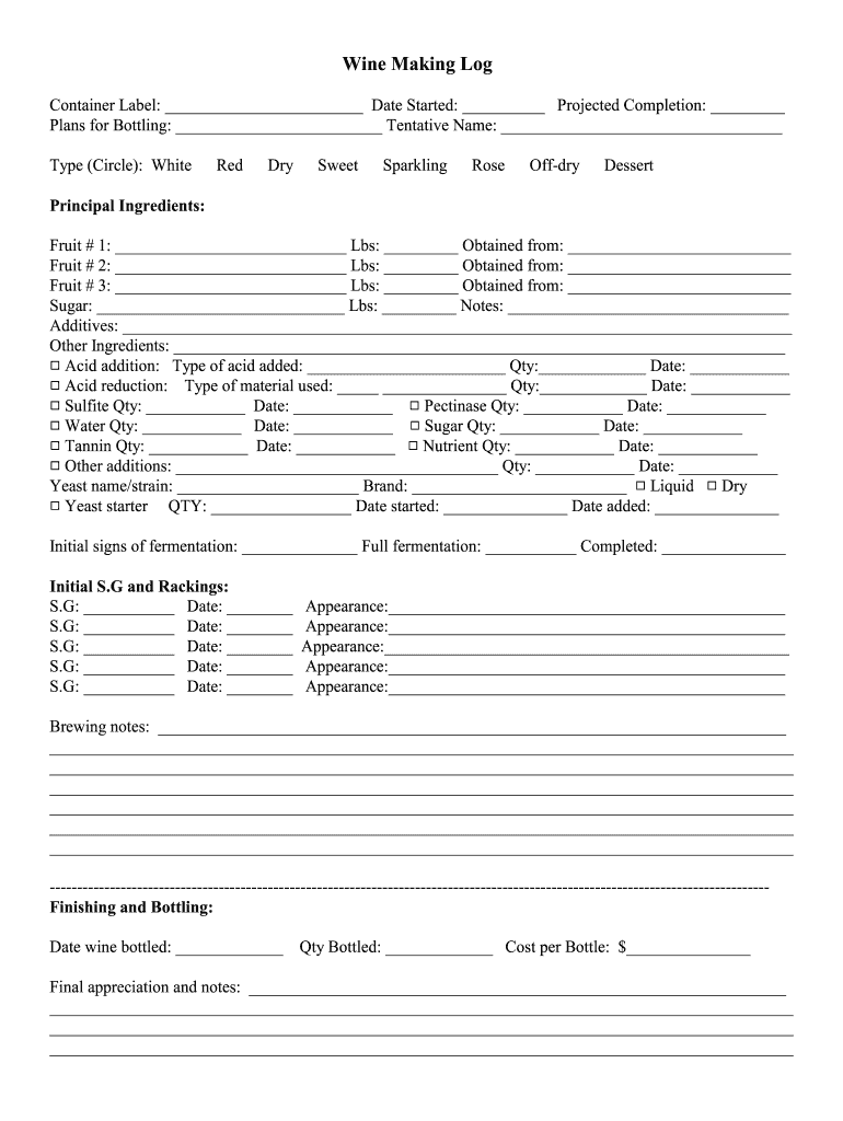 Winemaking Log Template Excel  Form