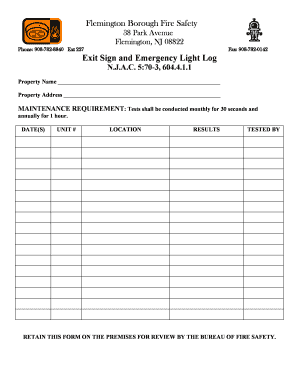 Exit and Emergency Light Log DOC  Form