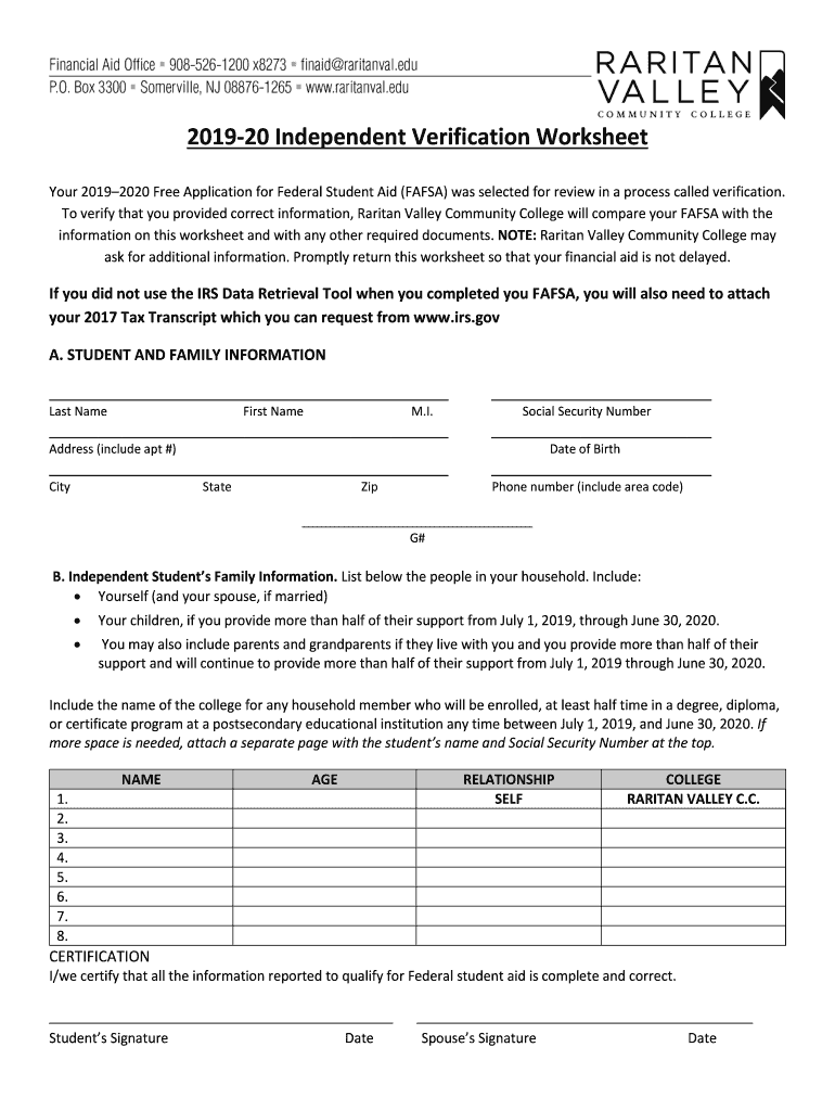  20 Independent Verification Worksheet 2019-2024