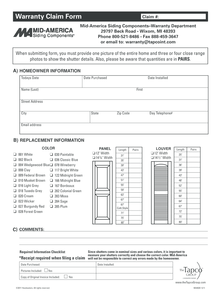 Mid America Shutters Warranty  Form