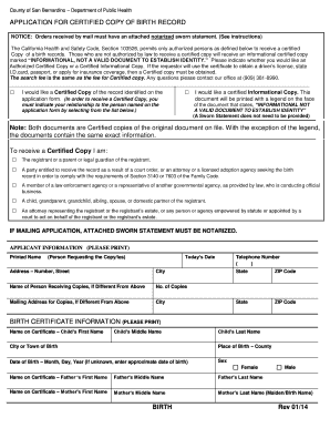 California Certified Birth San Bernardino  Form