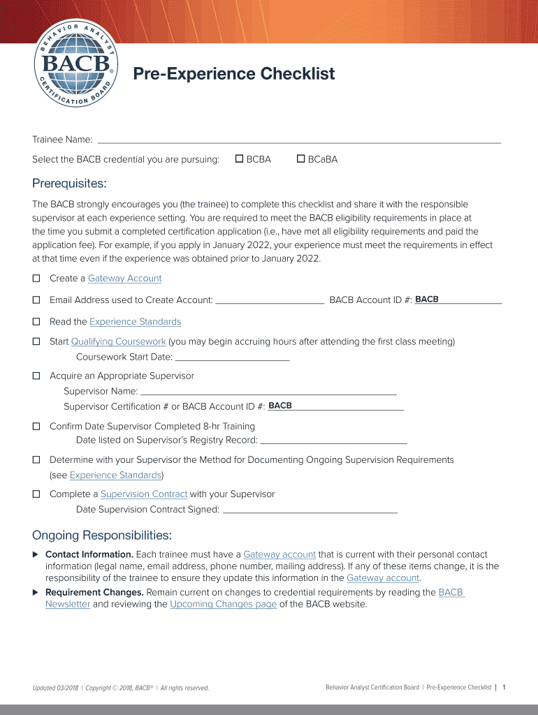 Bacb Pre Experience Checklist  Form
