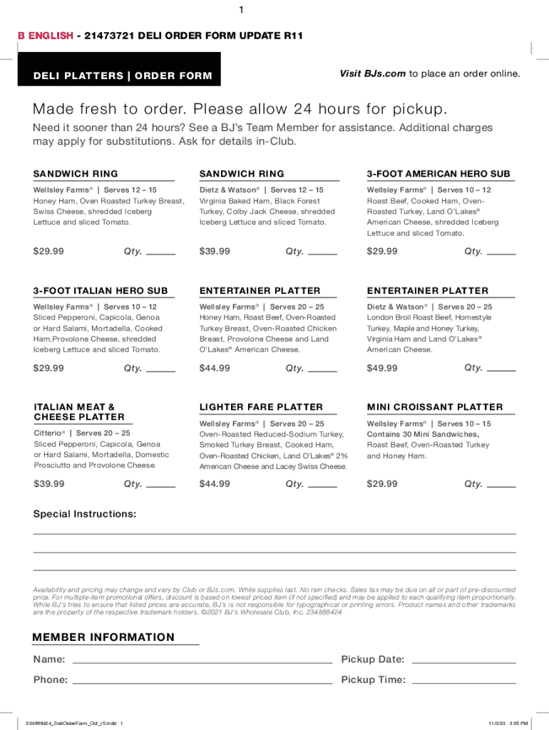 Deli Platter Order Form Made Fresh to Order Pleas