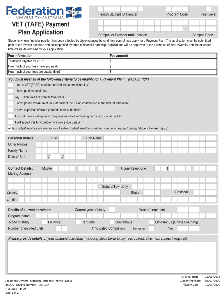  VET Payment Plan Application PDF 2020
