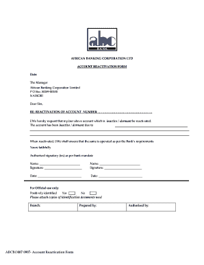 Dormant Account Reactivation Form ABC Bank