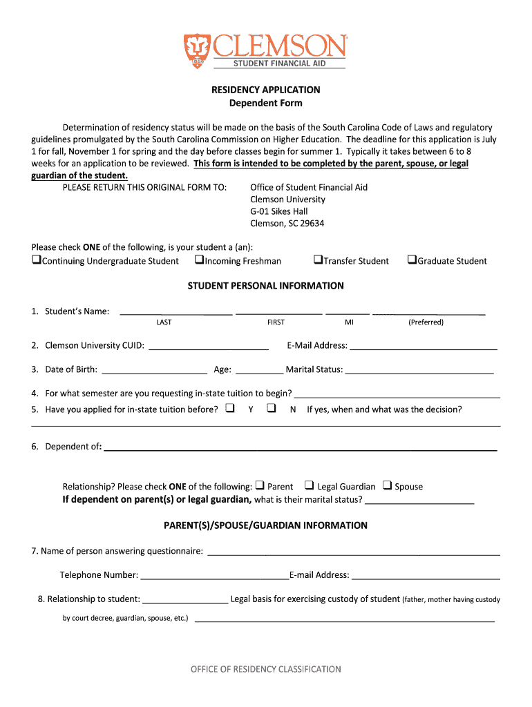  Determination of Residency Status Will Be Made on the Basis of the South Carolina Code of Laws and Regulatory 2019-2024