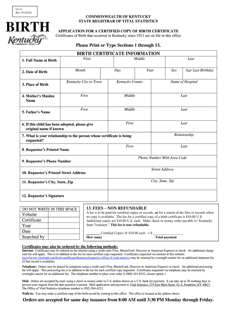 Application for Kentucky Certified Birth Certificate  Form