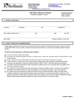 20 Verification Worksheet Entering Freshman? Dependent  Form