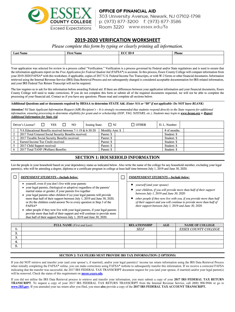 Essex County College Verification  Form