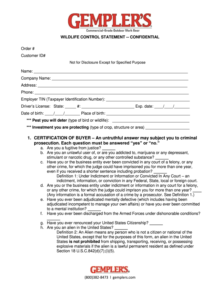 Wildlife Control Statement  Form