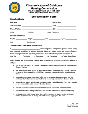 Self Exclusion Form