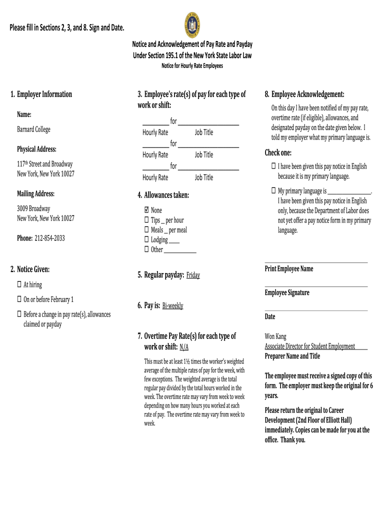 Notice and Acknowledgement of Pay Rate  Form