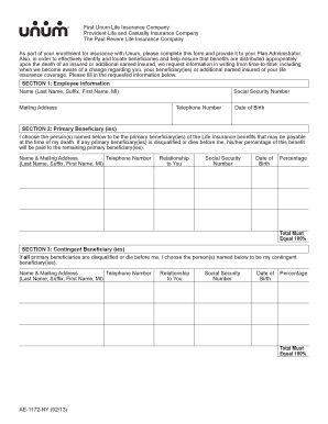  Beneficiary Form for Life Insurance 2013-2023