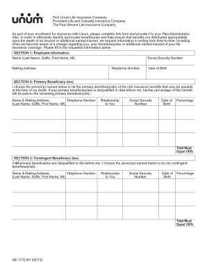  Beneficiary Form for Life Insurance 2013-2024