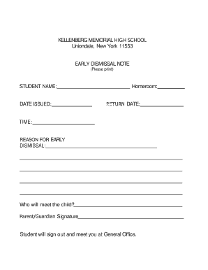 Early Dismissal Note Template  Form