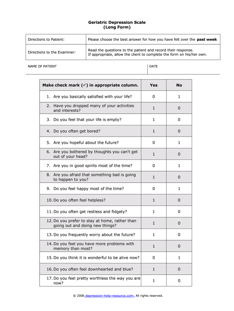 Geriatric Depression Scale Long Form Make Check Mark in