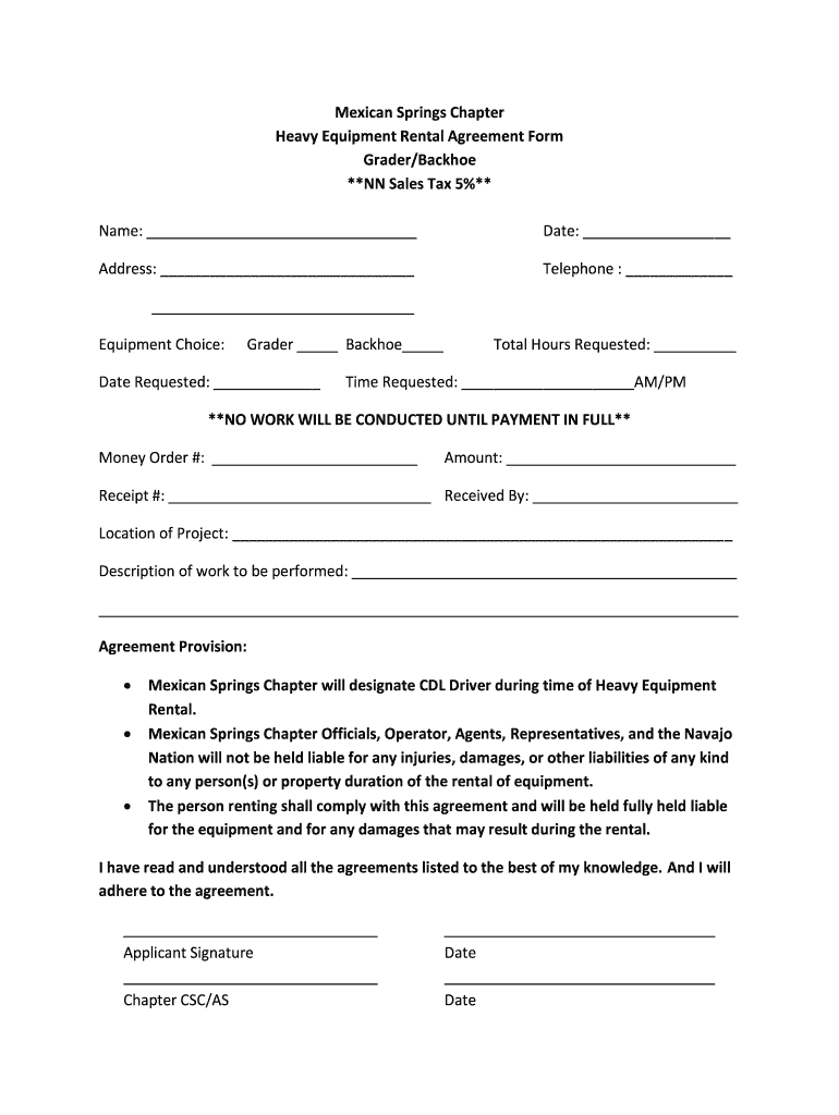 Construction Equipment Rental Agreement  Form