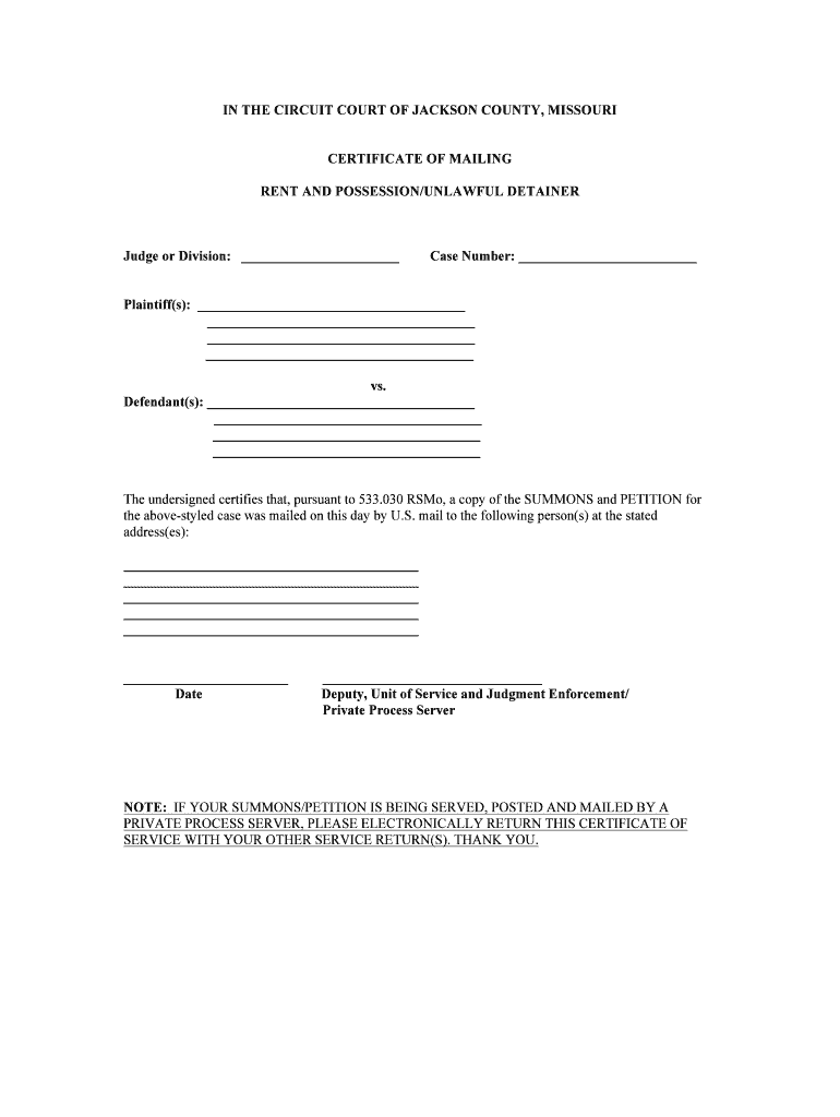 BCertificateb of Mailing 16th Circuit Court of Jackson County Missouri 16thcircuit  Form