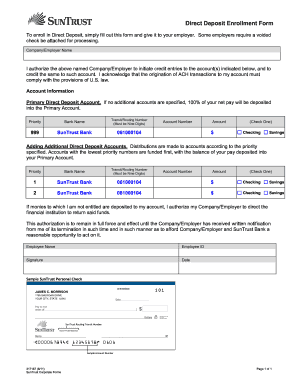 Suntrust Direct Deposit Enrollment Form Fill Out And Sign Printable Pdf Template Signnow
