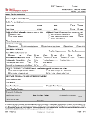Child Enrollment Form for Day Care Homes DOH 4419 Health Ny