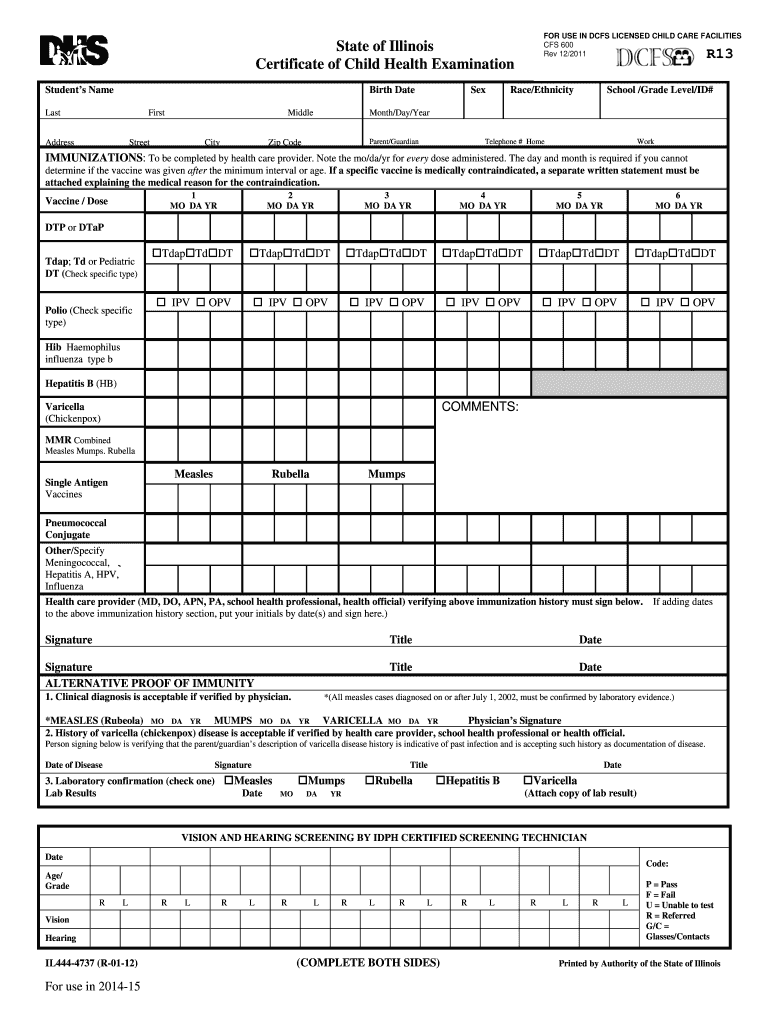  Certificate of Child Health Examination State of Illinois  Form 2012