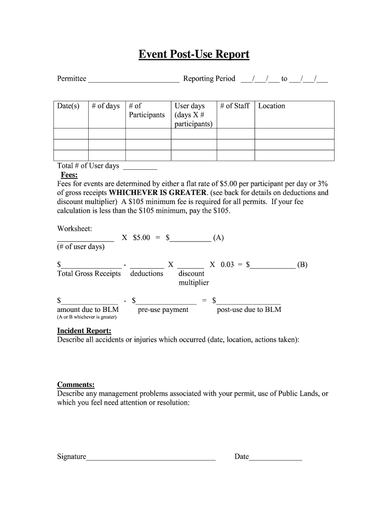 Event Post Use Report  BLM  the Bureau of Land Management  Blm  Form