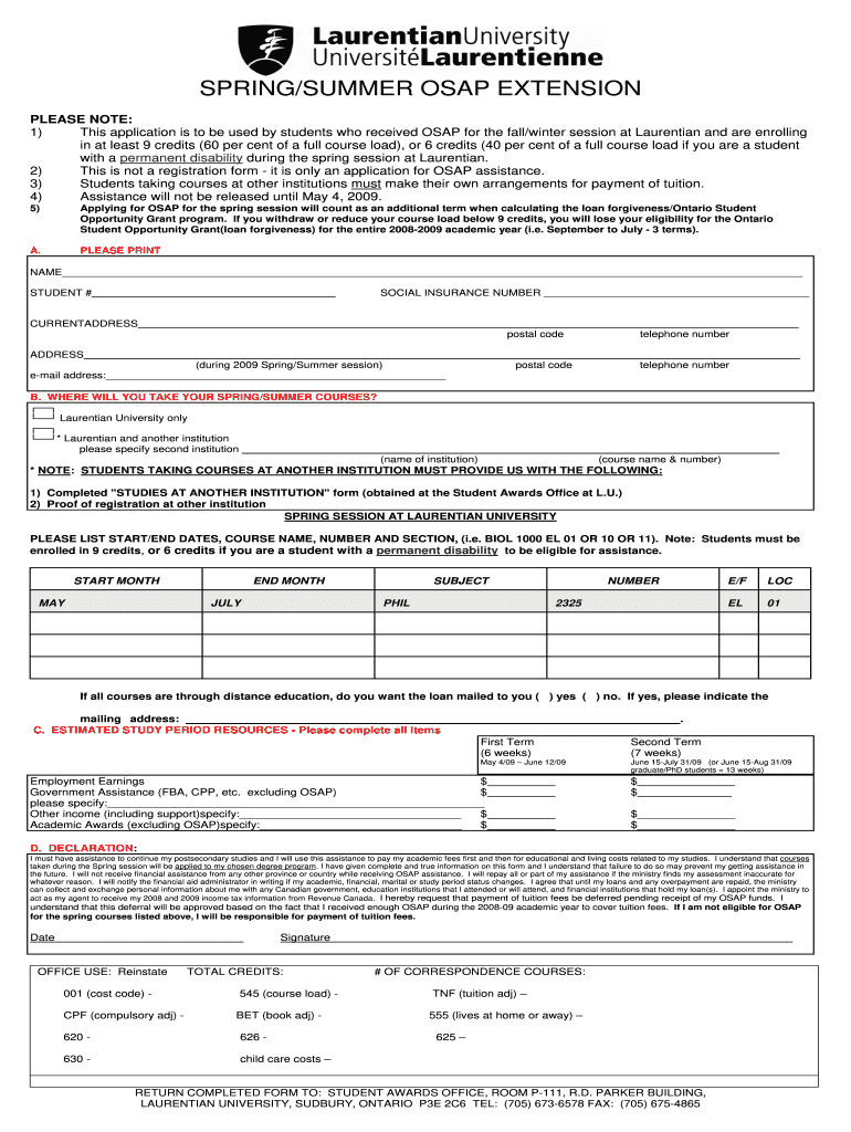 Ca Laurentian Osap Extension Summer  Form