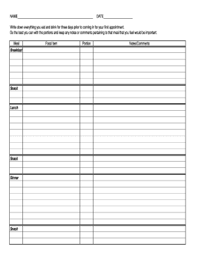 Food Record Form Emhc