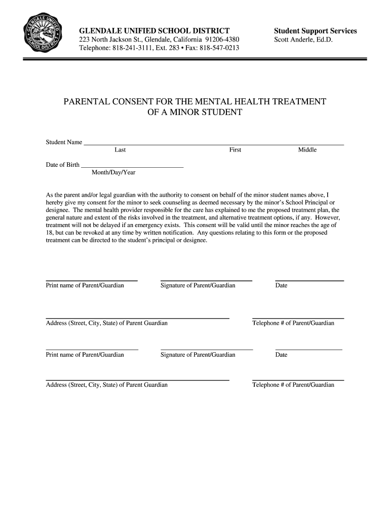 Consent Form for Mental Health Treatment Glendale Unified