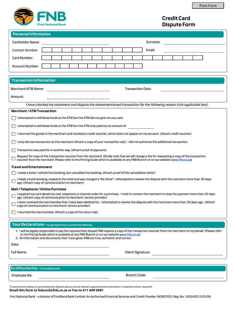 Fnb Credit Card Dispute Form